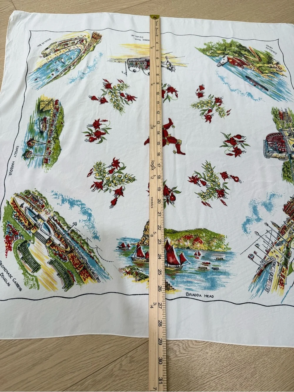 Vintage Isle of Man Souvenir Scarf 27” Bradda Head Douglas Travel Print
